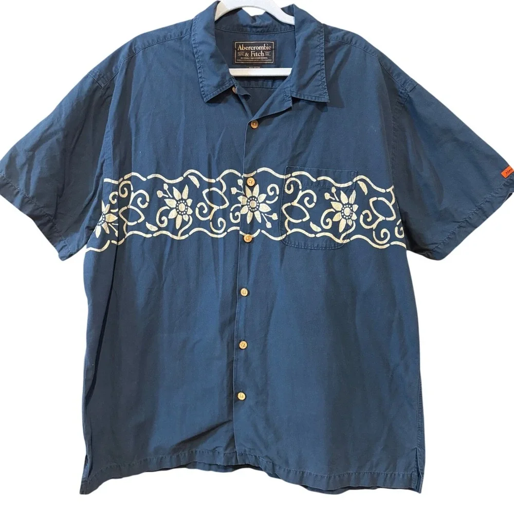 Abercrombie & Fitch Vintage Mens XL Blue Floral Batik Border Cotton button Shirt